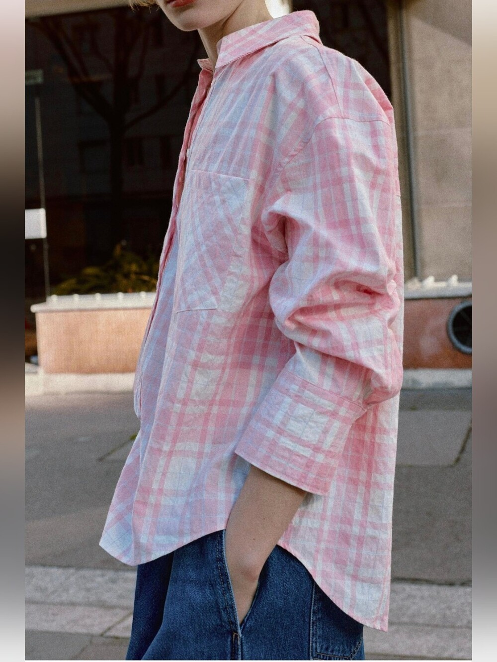 Zara Pink Plaid Button-Up Shirt(M)